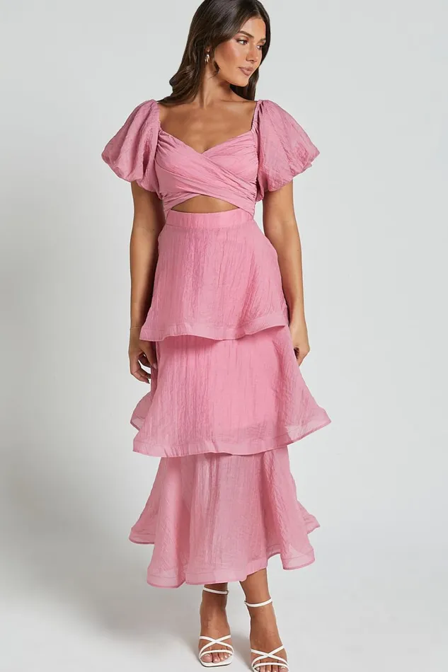 Giselle Midi Dress 8211 Short Puff Sleeve Front Cut Out Layered Dress In Pink Women Showpo Dresses