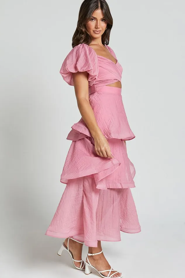 Giselle Midi Dress 8211 Short Puff Sleeve Front Cut Out Layered Dress In Pink Women Showpo Dresses