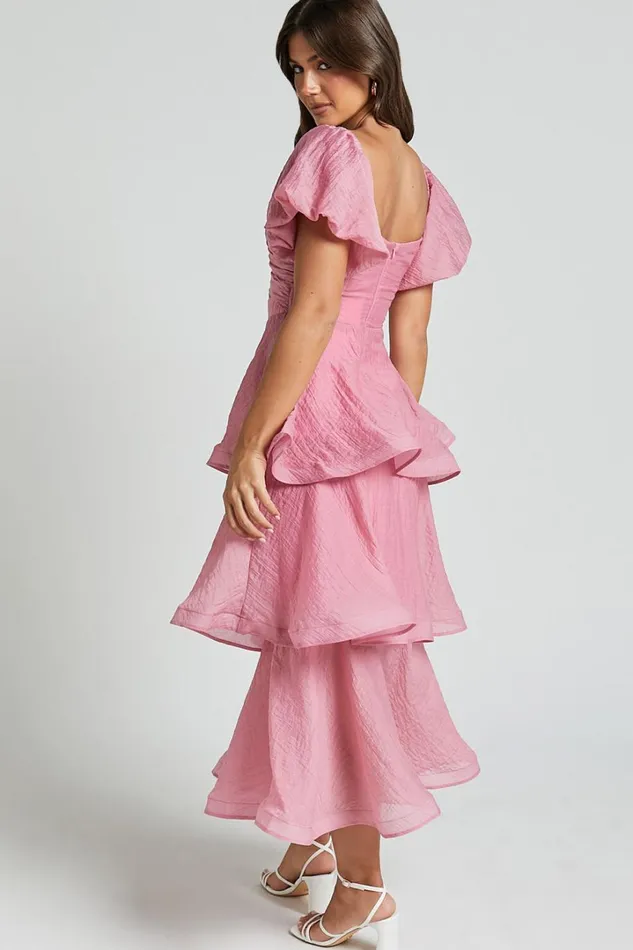 Giselle Midi Dress 8211 Short Puff Sleeve Front Cut Out Layered Dress In Pink Women Showpo Dresses