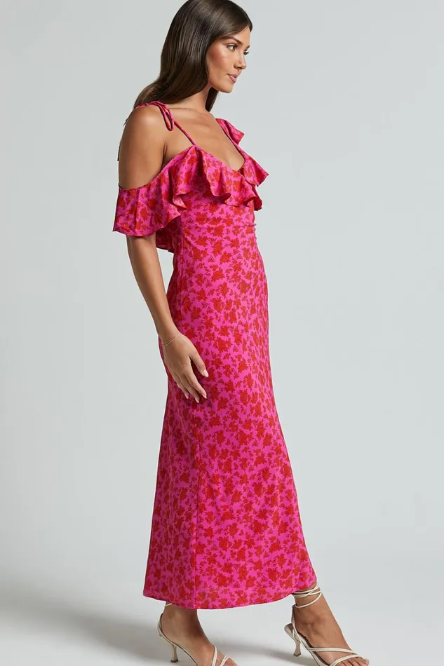 Giulia Midi Dress 8211 One Shoulder Frill Detail Dress In Pink Floral Women Showpo Dresses