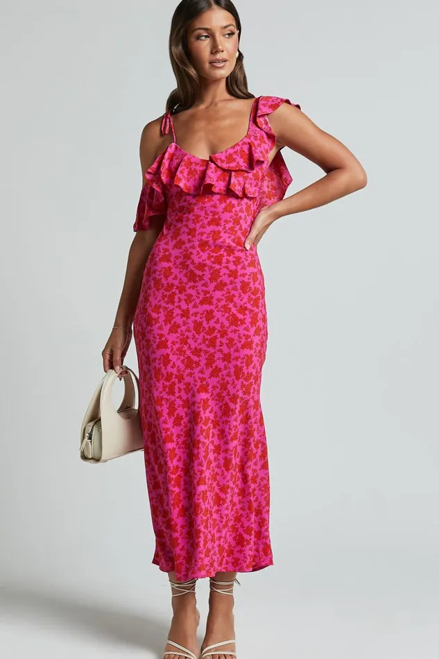 Giulia Midi Dress 8211 One Shoulder Frill Detail Dress In Pink Floral Women Showpo Dresses