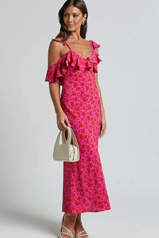 Giulia Midi Dress 8211 One Shoulder Frill Detail Dress In Pink Floral Women Showpo Dresses