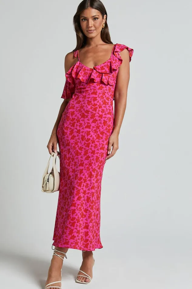 Giulia Midi Dress 8211 One Shoulder Frill Detail Dress In Pink Floral Women Showpo Dresses