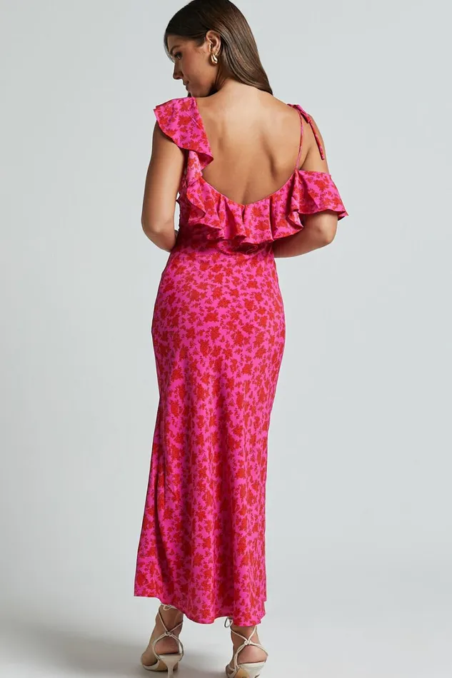 Giulia Midi Dress 8211 One Shoulder Frill Detail Dress In Pink Floral Women Showpo Dresses