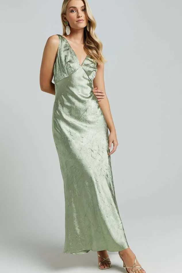 Graciemay Midi Dress 8211 Deep V Neck Crinkle Satin Dress In Sage Women Showpo Dresses