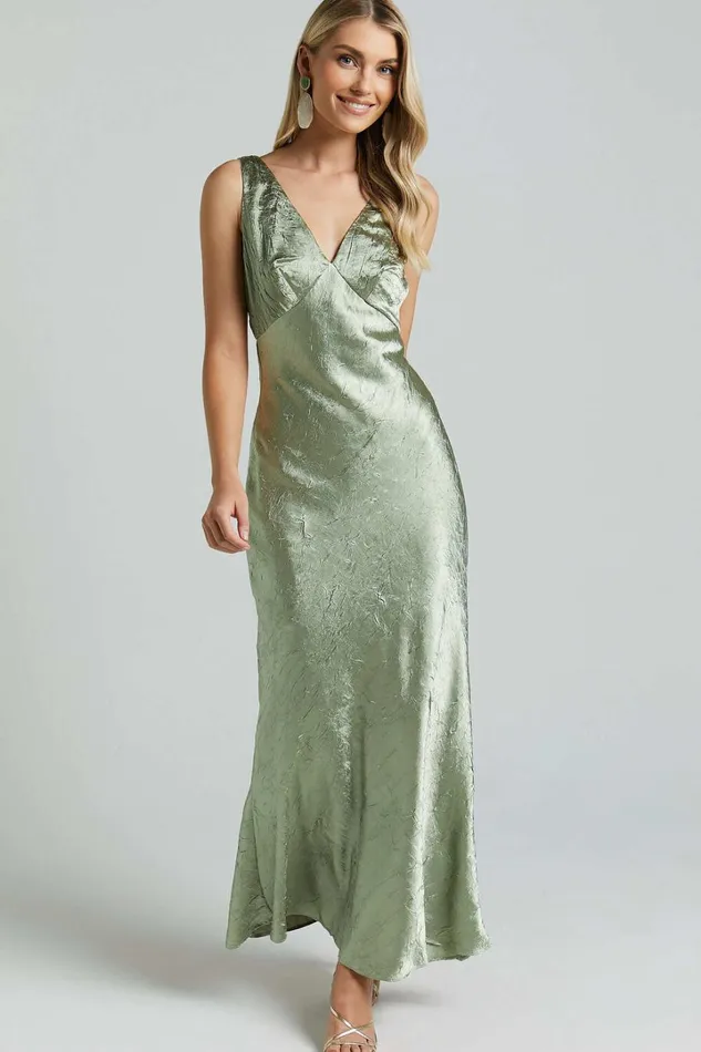 Graciemay Midi Dress 8211 Deep V Neck Crinkle Satin Dress In Sage Women Showpo Dresses
