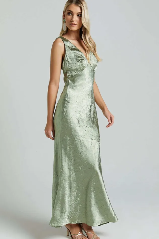 Graciemay Midi Dress 8211 Deep V Neck Crinkle Satin Dress In Sage Women Showpo Dresses