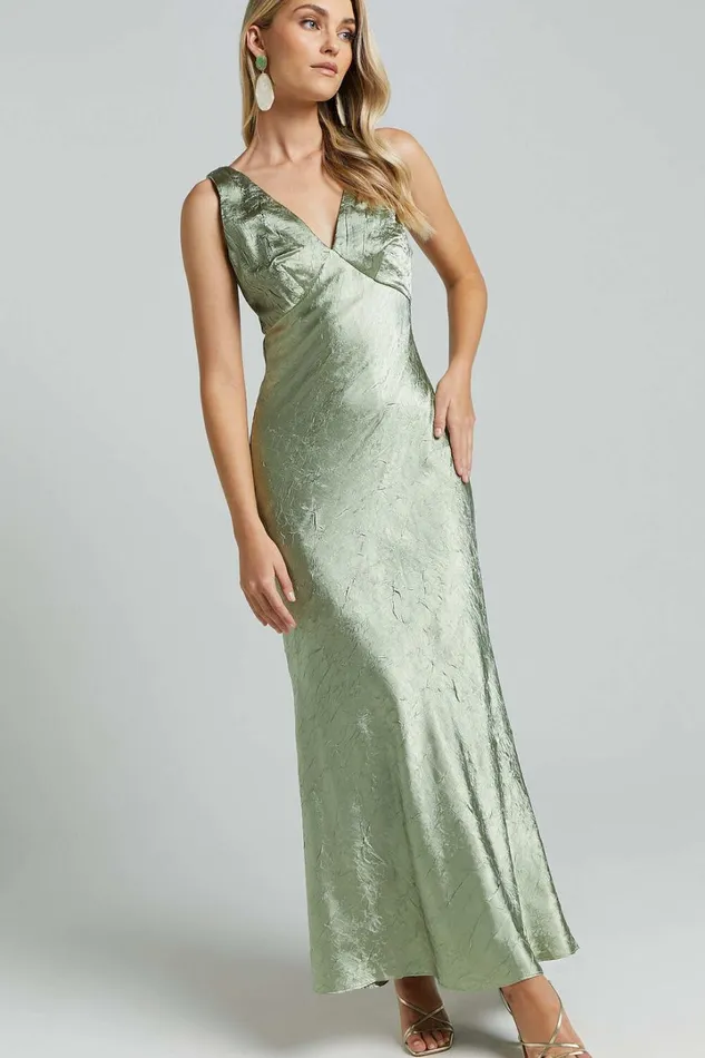 Graciemay Midi Dress 8211 Deep V Neck Crinkle Satin Dress In Sage Women Showpo Dresses
