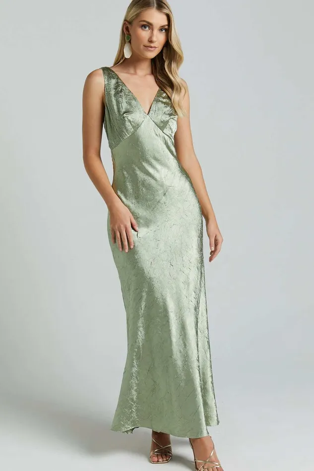 Graciemay Midi Dress 8211 Deep V Neck Crinkle Satin Dress In Sage Women Showpo Dresses