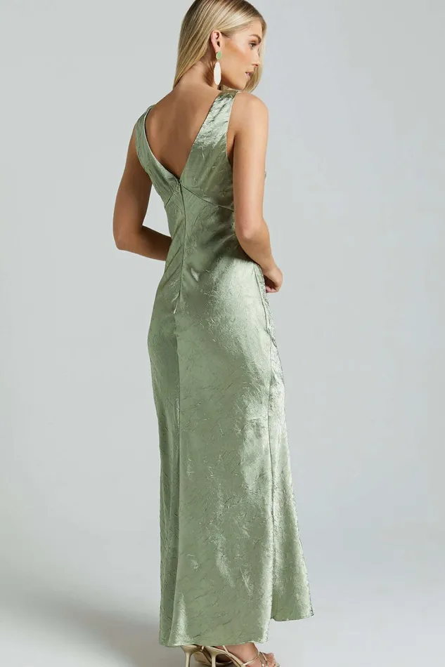 Graciemay Midi Dress 8211 Deep V Neck Crinkle Satin Dress In Sage Women Showpo Dresses