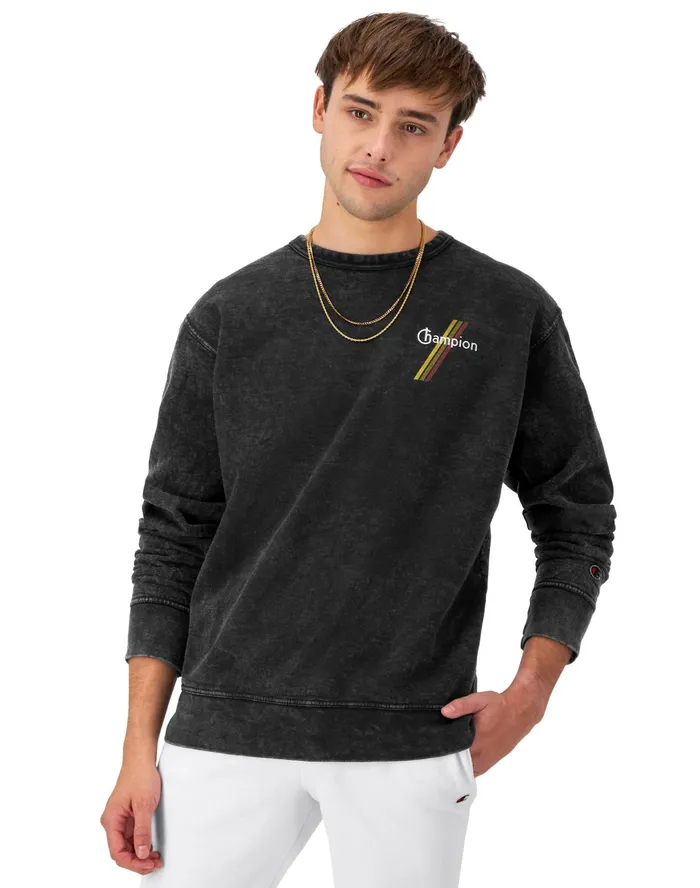 Graphic Crewneck Sweatshirt Mineral Dye TriColor Stripes Logo Mineral Dye Black Men Champion Hoodies and Sweatshirts Graphic Crewneck Sweatshirt Mineral Dye TriColor Stripes Logo Mineral Dye Black Men Champion Hoodies and Sweatshirts