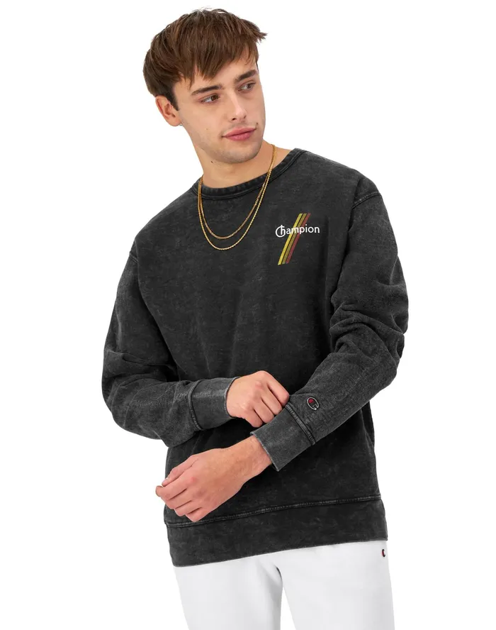 Graphic Crewneck Sweatshirt Mineral Dye TriColor Stripes Logo Mineral Dye Black Men Champion Hoodies and Sweatshirts