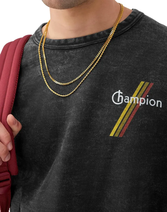 Graphic Crewneck Sweatshirt Mineral Dye TriColor Stripes Logo Mineral Dye Black Men Champion Hoodies and Sweatshirts