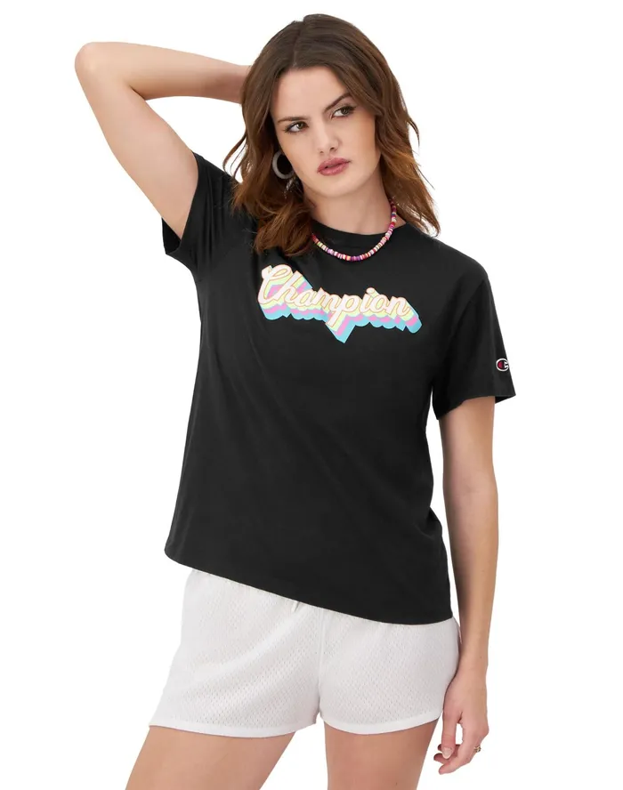Graphic TShirt Drop Shadow Champion Script C Logo Black Women Champion TShirts and Tops