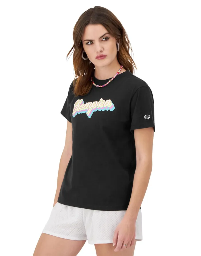 Graphic TShirt Drop Shadow Champion Script C Logo Black Women Champion TShirts and Tops