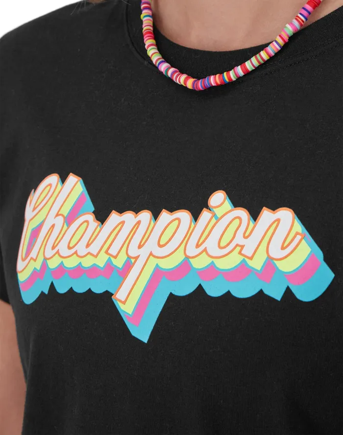 Graphic TShirt Drop Shadow Champion Script C Logo Black Women Champion TShirts and Tops