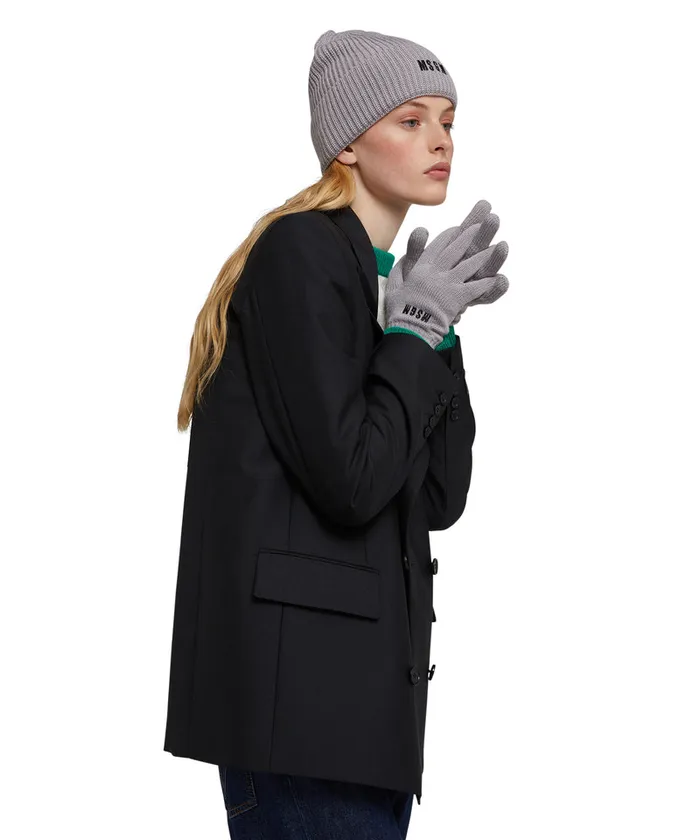 Grey BlendedWool Gloves With Impact Logo Women MSGM Hats Scarves And Gloves