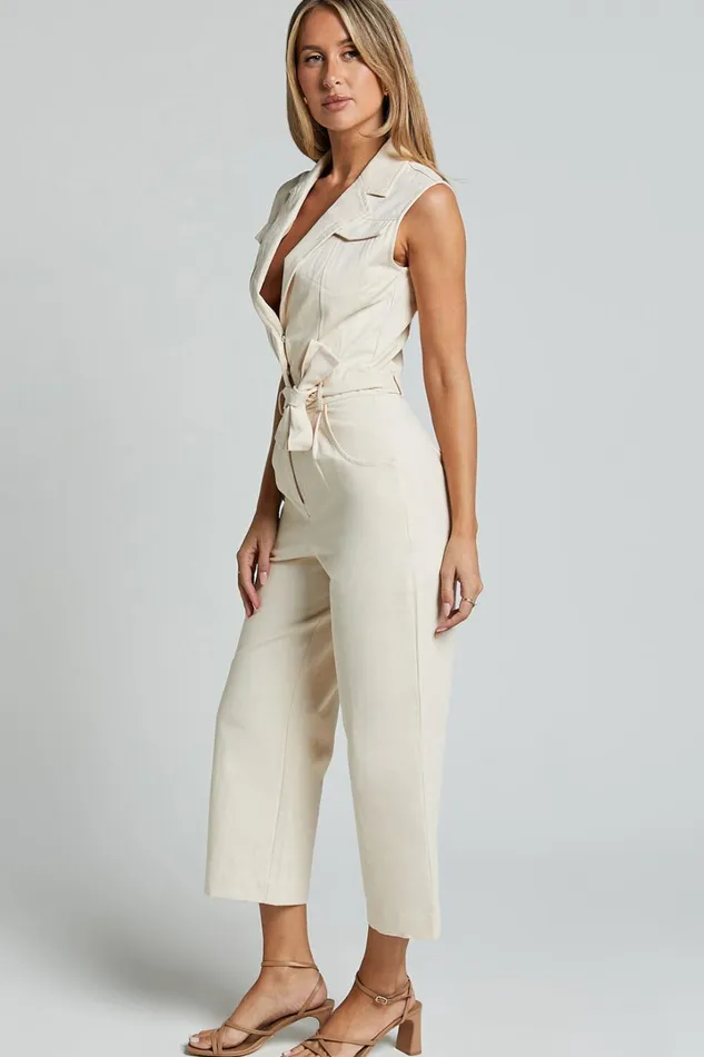 Griffin Jumpsuit 8211 Collared Tie Waist Jumpsuit In Stone Women Showpo Jumpsuits