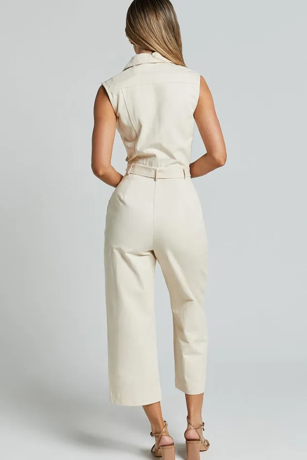 Griffin Jumpsuit 8211 Collared Tie Waist Jumpsuit In Stone Women Showpo Jumpsuits