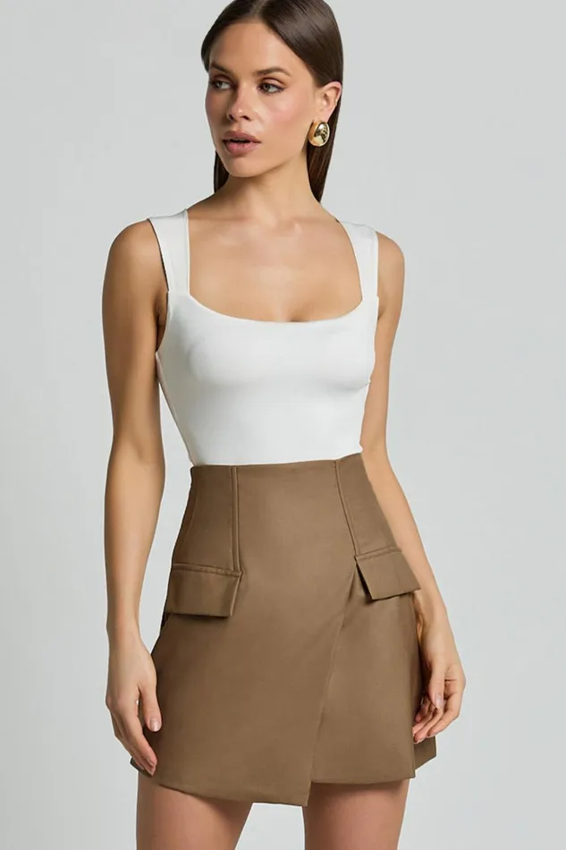 Haidy Mini Skirt 8211 Faux Pockets Wrap Skirt In Taupe Women Showpo Skirts