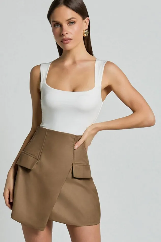 Haidy Mini Skirt 8211 Faux Pockets Wrap Skirt In Taupe Women Showpo Skirts