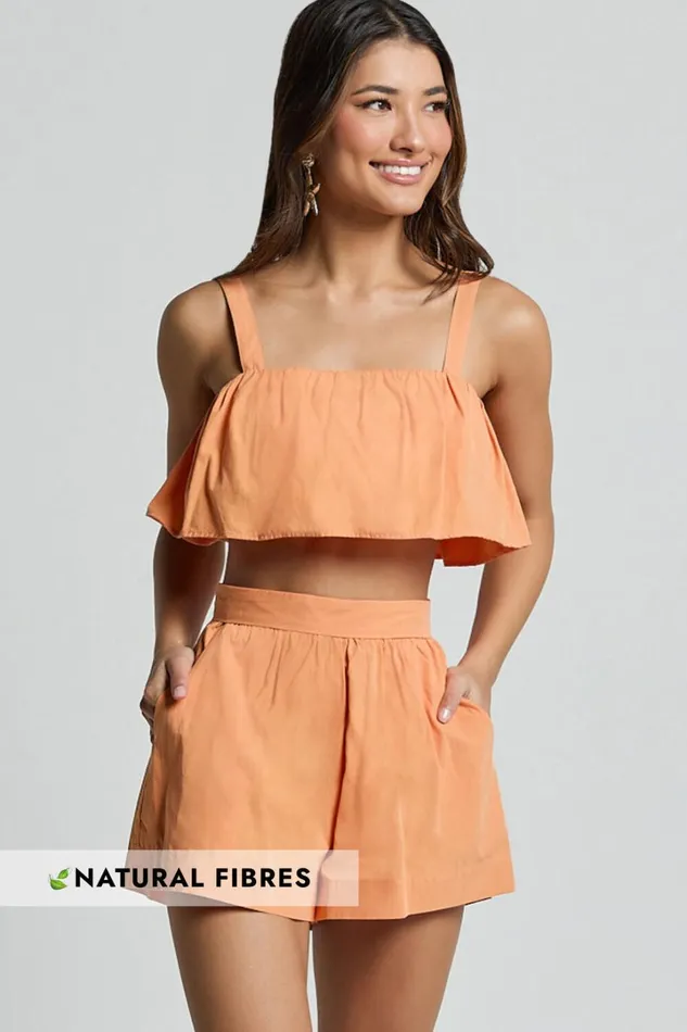 Hannah Two Piece Set 8211 Frill Crop Top And High Waist Shorts In Sherbet Orange Women Showpo Conscious Hannah Two Piece Set 8211 Frill Crop Top And High Waist Shorts In Sherbet Orange Women Showpo Conscious