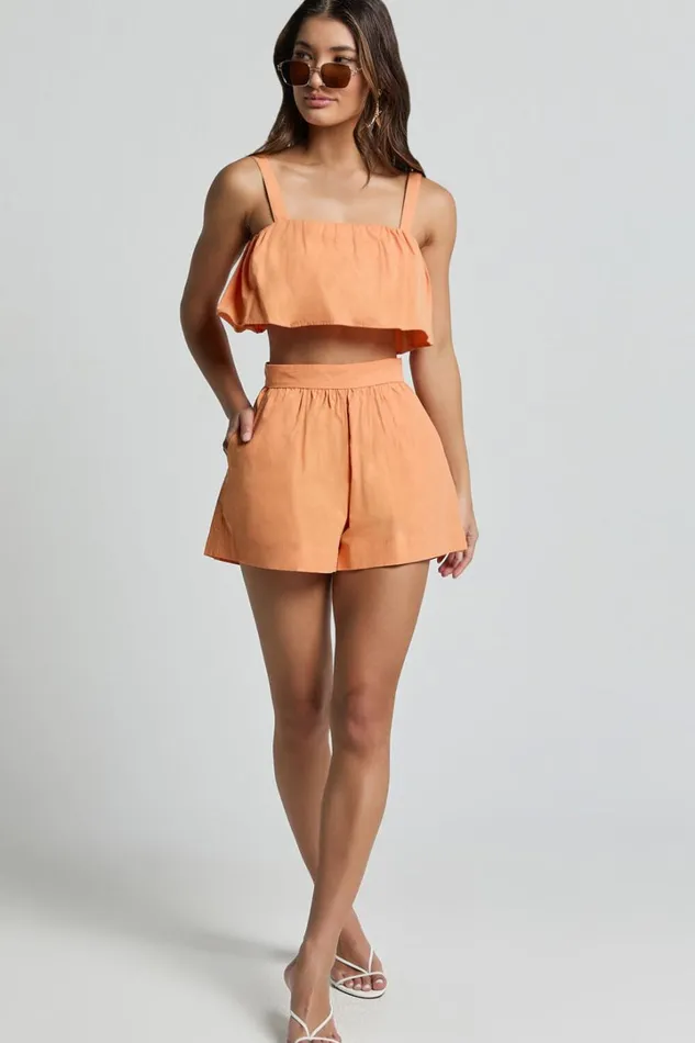 Hannah Two Piece Set 8211 Frill Crop Top And High Waist Shorts In Sherbet Orange Women Showpo Conscious