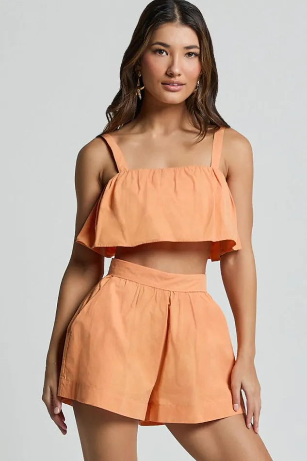 Hannah Two Piece Set 8211 Frill Crop Top And High Waist Shorts In Sherbet Orange Women Showpo Conscious
