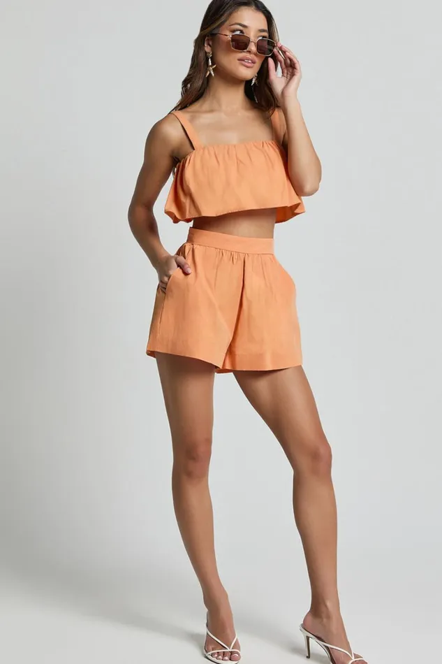 Hannah Two Piece Set 8211 Frill Crop Top And High Waist Shorts In Sherbet Orange Women Showpo Conscious