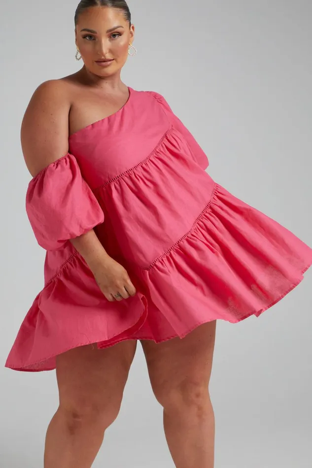 Harleen Mini Dress 8211 Linen Look Asymmetrical Trim Puff Sleeve Dress In Pink Women Showpo Curve Clothes
