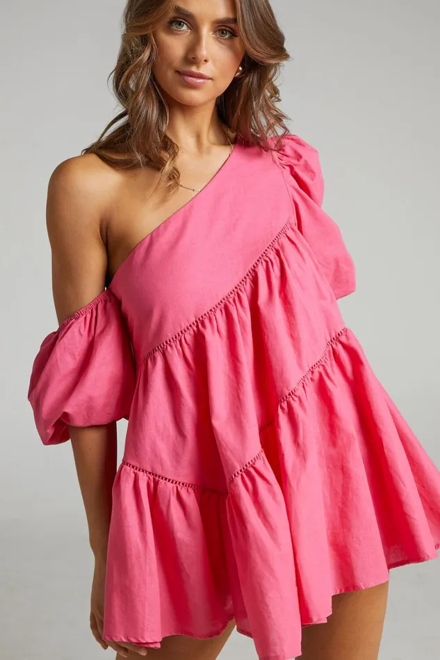 Harleen Mini Dress 8211 Linen Look Asymmetrical Trim Puff Sleeve Dress In Pink Women Showpo Curve Clothes