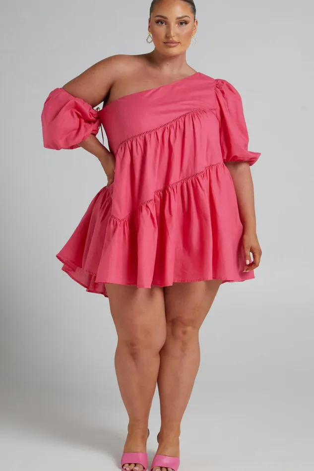 Harleen Mini Dress 8211 Linen Look Asymmetrical Trim Puff Sleeve Dress In Pink Women Showpo Curve Clothes