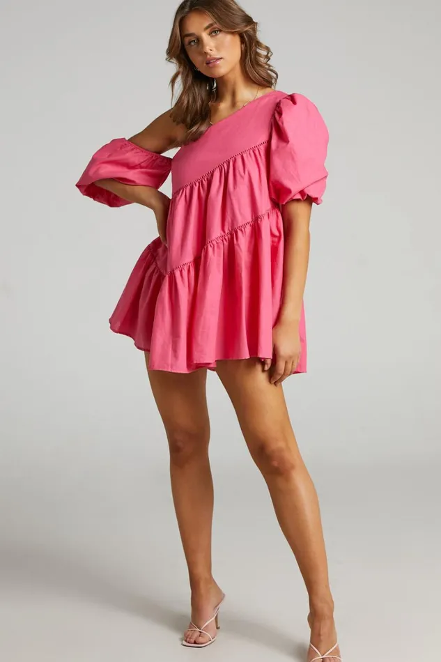 Harleen Mini Dress 8211 Linen Look Asymmetrical Trim Puff Sleeve Dress In Pink Women Showpo Curve Clothes