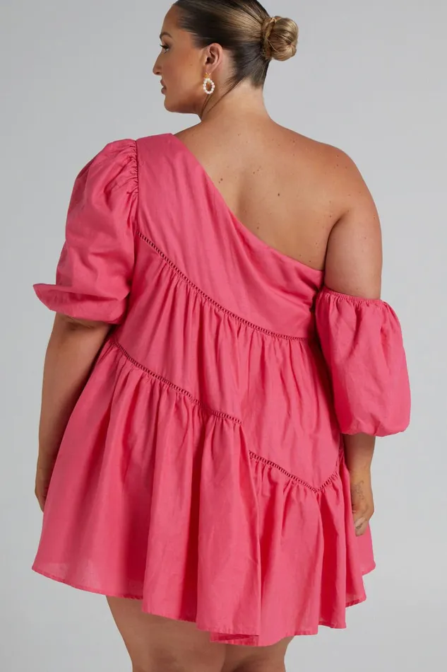 Harleen Mini Dress 8211 Linen Look Asymmetrical Trim Puff Sleeve Dress In Pink Women Showpo Curve Clothes