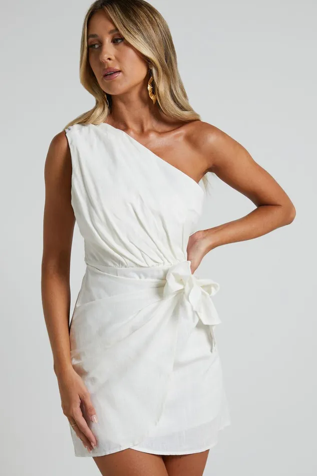 Harper Mini Dress 8211 Linen Look One Shoulder Gathered Wrap Waist Dress In White Women Showpo Dresses Harper Mini Dress 8211 Linen Look One Shoulder Gathered Wrap Waist Dress In White Women Showpo Dresses