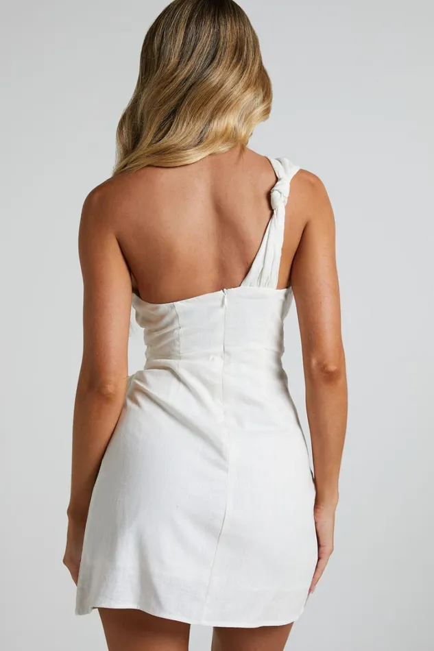 Harper Mini Dress 8211 Linen Look One Shoulder Gathered Wrap Waist Dress In White Women Showpo Dresses