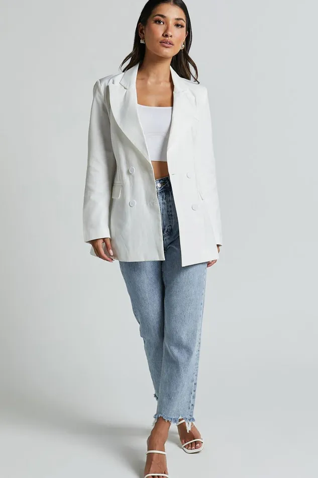 Harriet Blazer Linen Look Double Breasted Oversized Blazer In White Women Showpo Blazers