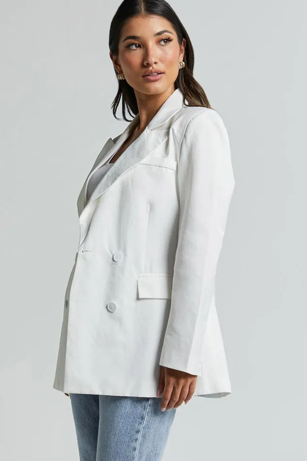 Harriet Blazer Linen Look Double Breasted Oversized Blazer In White Women Showpo Blazers