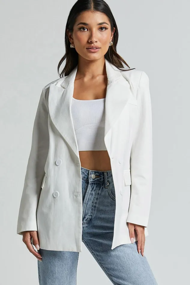Harriet Blazer Linen Look Double Breasted Oversized Blazer In White Women Showpo Blazers