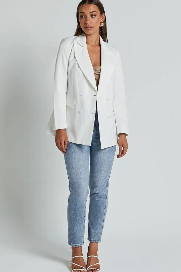 Harriet Blazer Linen Look Double Breasted Oversized Blazer In White Women Showpo Blazers