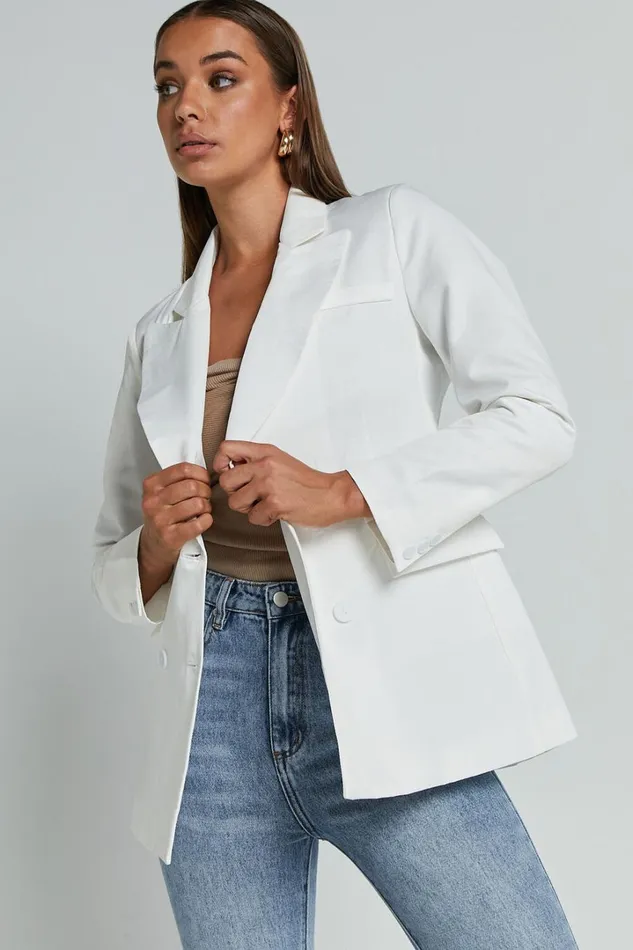 Harriet Blazer Linen Look Double Breasted Oversized Blazer In White Women Showpo Blazers