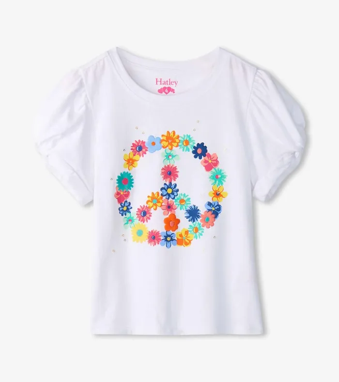Hatley Girls Peace Flower Twisted Sleeve Tee Girls Tops
