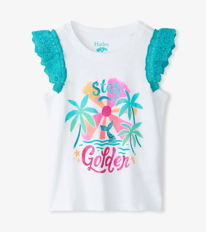 Hatley Girls Stay Golden Ruffle Sleeve Tank Top Girls Tops