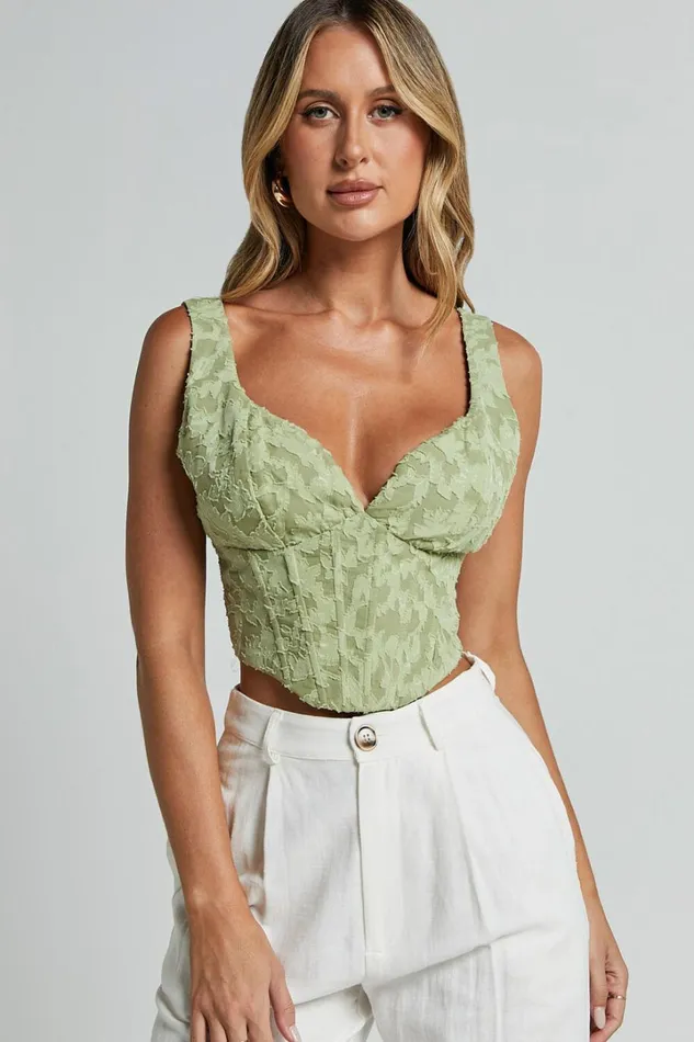 Haylee Top 8211 Plunge Sweetheart Neck Jacquard Corset Top In Sage Floral Women Showpo Tops Haylee Top 8211 Plunge Sweetheart Neck Jacquard Corset Top In Sage Floral Women Showpo Tops