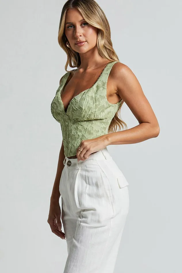 Haylee Top 8211 Plunge Sweetheart Neck Jacquard Corset Top In Sage Floral Women Showpo Tops
