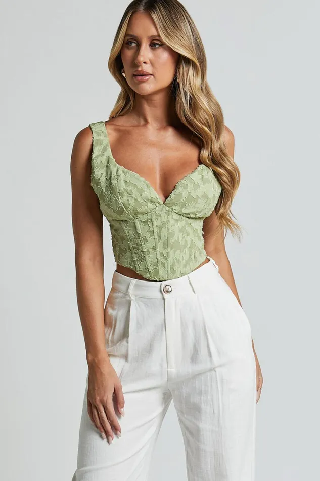 Haylee Top 8211 Plunge Sweetheart Neck Jacquard Corset Top In Sage Floral Women Showpo Tops