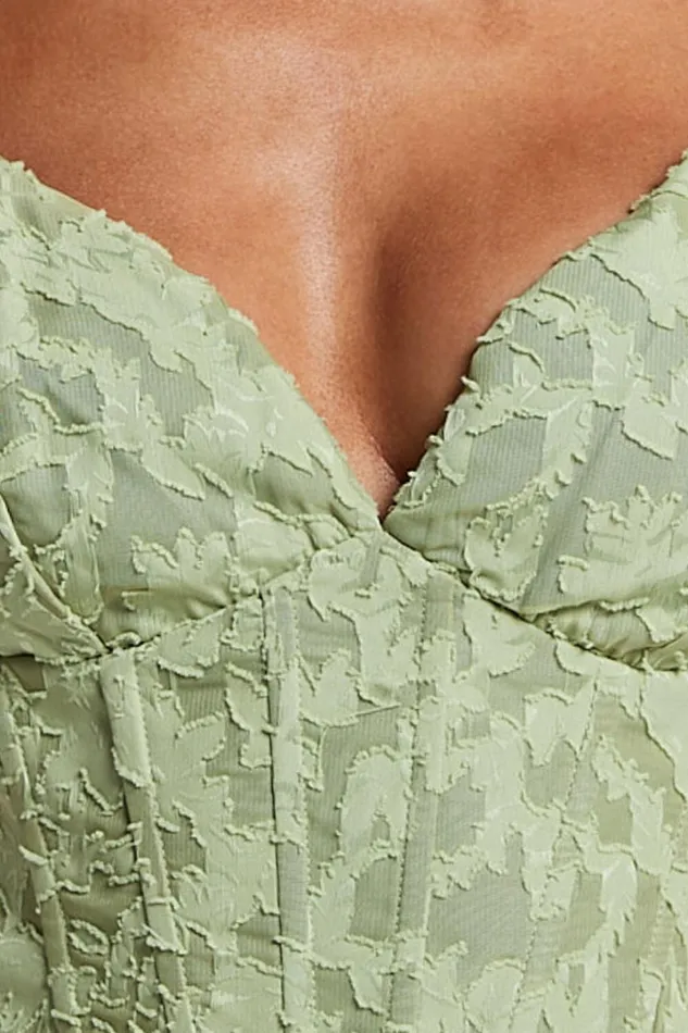 Haylee Top 8211 Plunge Sweetheart Neck Jacquard Corset Top In Sage Floral Women Showpo Tops