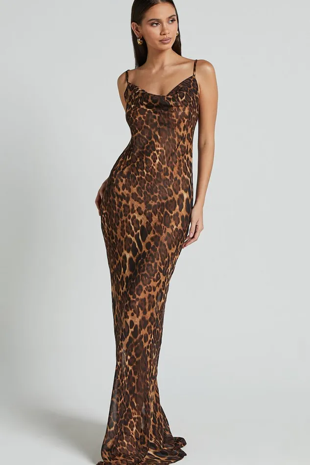 Hilary Maxi Dress 8211 Sheer Cowl Neck Slip Dress In Leopard Women Showpo Dresses
