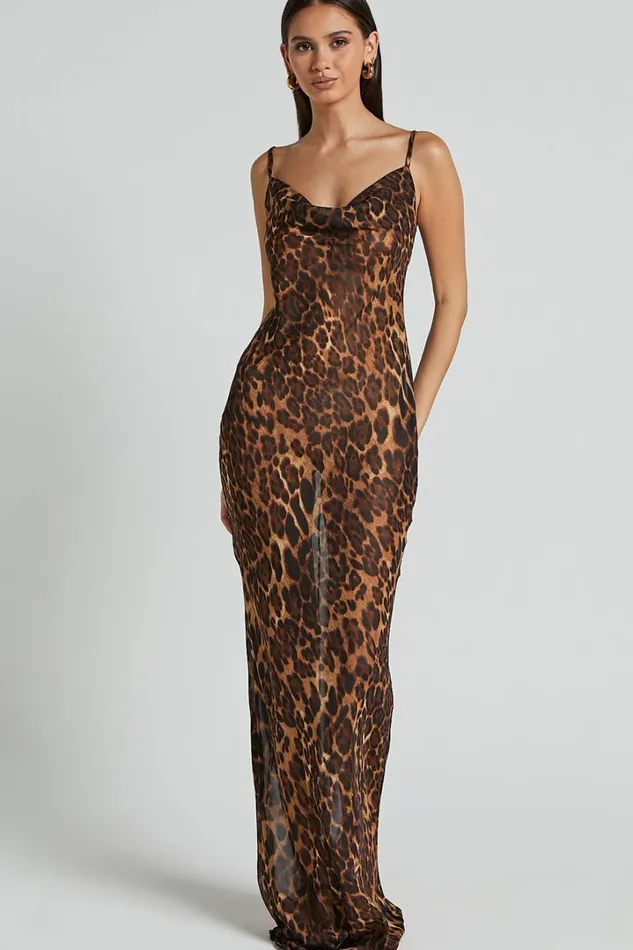 Hilary Maxi Dress 8211 Sheer Cowl Neck Slip Dress In Leopard Women Showpo Dresses