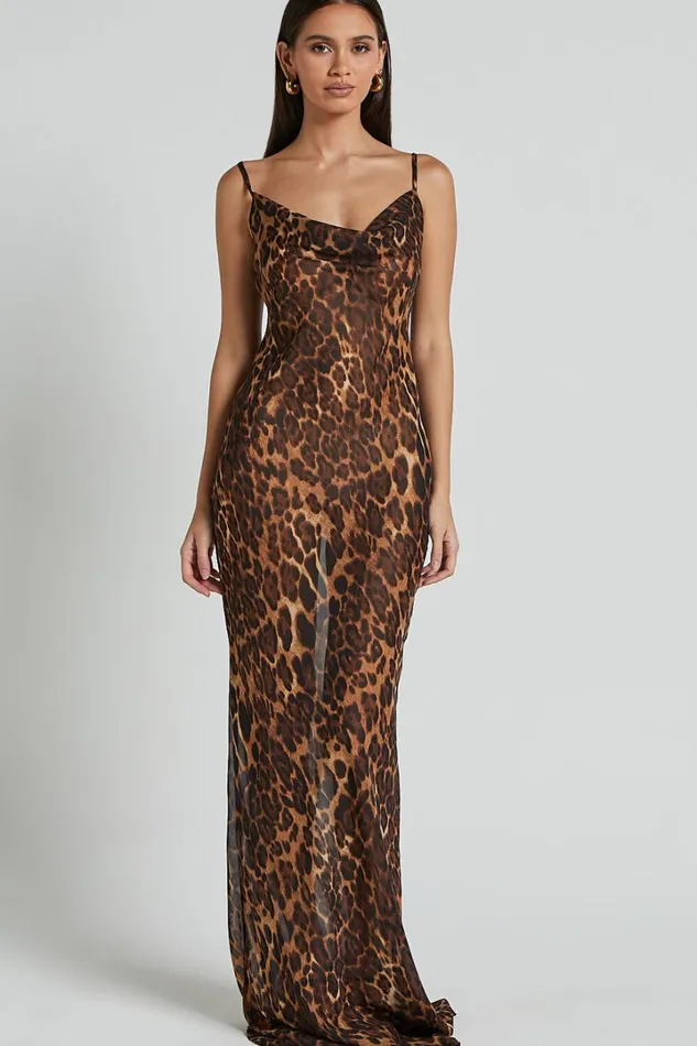 Hilary Maxi Dress 8211 Sheer Cowl Neck Slip Dress In Leopard Women Showpo Dresses